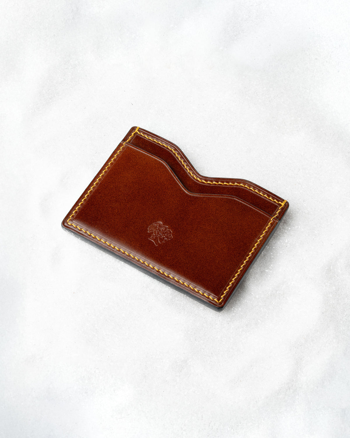 Berling Heirloom Sienna card holder, Shell Cordovan, brown - top view in snow